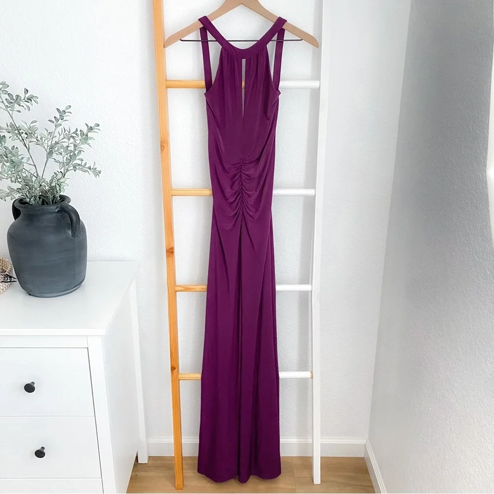 Camille Flawless Open Back Maxi Long Dress Purple Ruched Slit Low V-back Bodycon